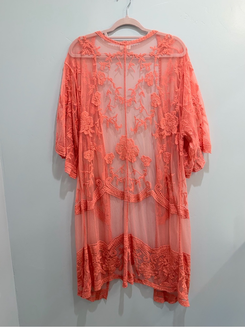 Dizzy Gal Coral Pink Floral Lace Sheer Mesh Long Kimono Duster Cardigan Medium - Picture 9 of 14